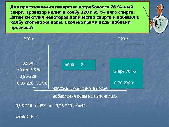 Для приготовления лекарства потребовался 76 %-ный спирт. Провизор налил в колбу 220 г 95