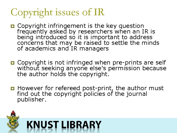 Copyright issues of IR p Copyright infringement is the key question frequently asked by