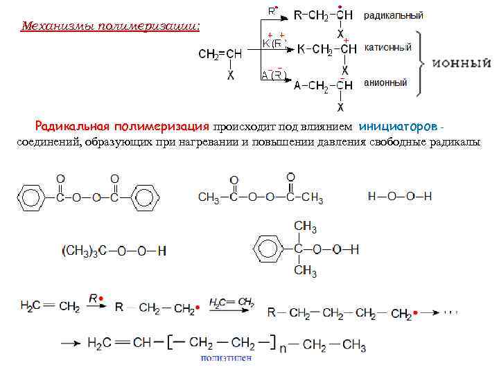 Механизмы полимеризации: Радикальная полимеризация происходит под влиянием инициаторов соединений, образующих при нагревании и повышении
