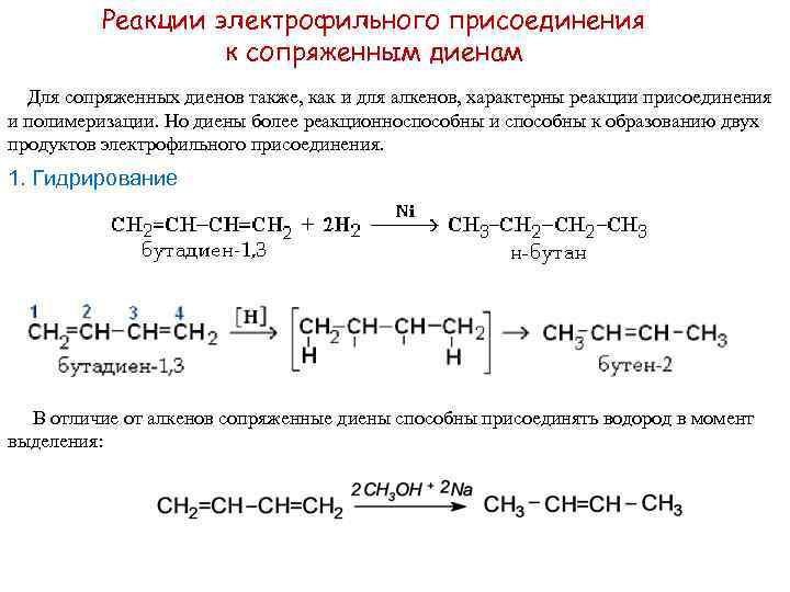 Реакции электрофильного присоединения к сопряженным диенам Для сопряженных диенов также, как и для алкенов,