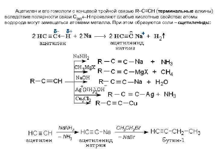 Ацетилен и его гомологи с концевой тройной связью R–C≡CH (терминальные алкины) вследствие полярности связи