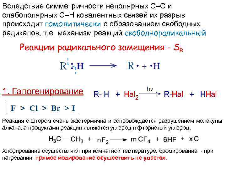 Условие протекание реакции галогенирования