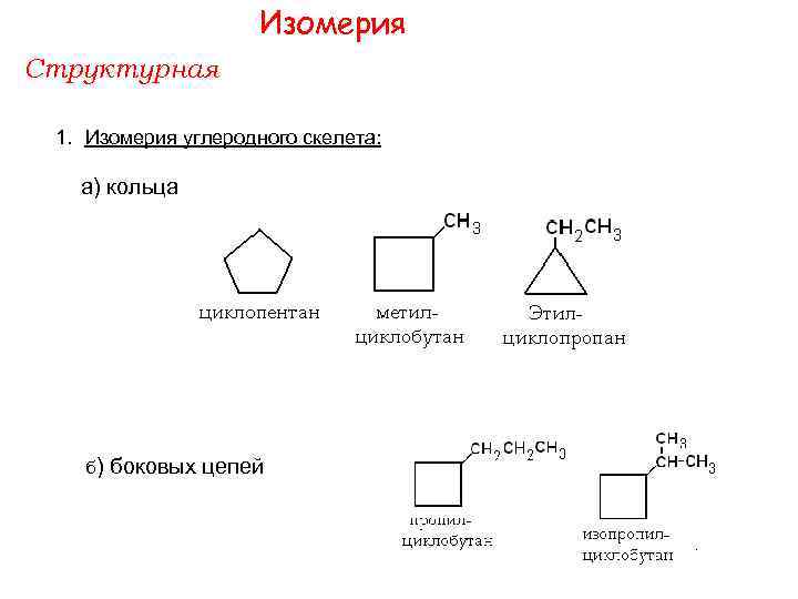 Изомерия Структурная 1. Изомерия углеродного скелета: а) кольца б) боковых цепей 