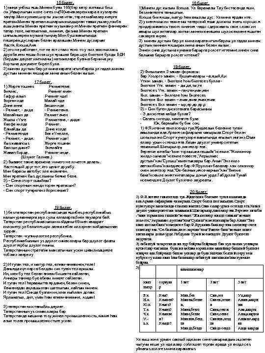 15 билет. 1) миңа унбиш яшь. Минем буем 165(бер метр алтмыш биш см. )Авырлыгым