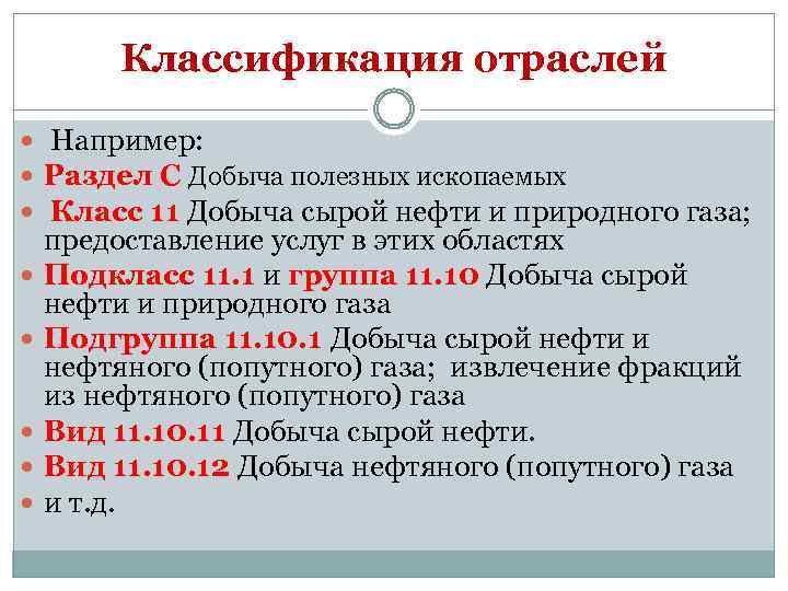 Классификация отраслей Например: Раздел С Добыча полезных ископаемых Класс 11 Добыча сырой нефти и