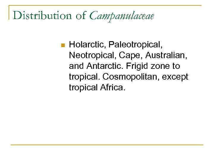 Distribution of Campanulaceae n Holarctic, Paleotropical, Neotropical, Cape, Australian, and Antarctic. Frigid zone to