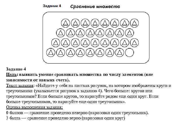 Сравнение множеств Задание 4 Цель: выявить умение сравнивать множества по числу элементов (вне зависимости