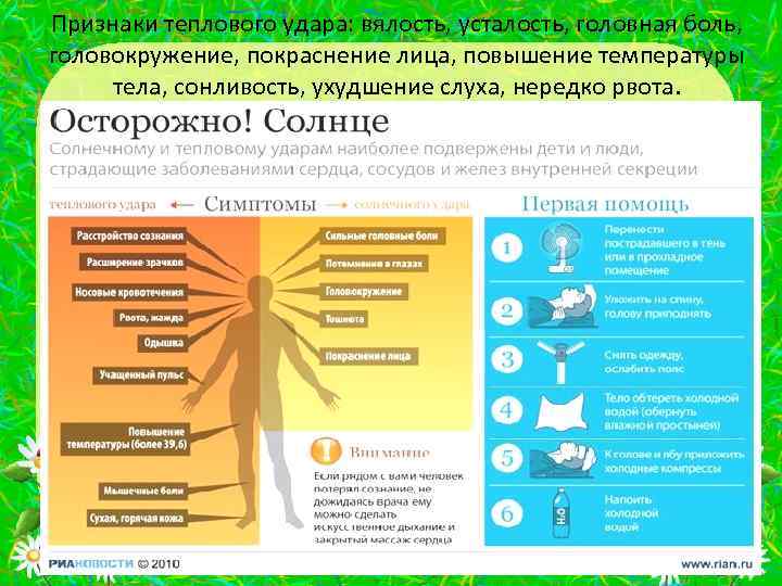 Признаки теплового удара: вялость, усталость, головная боль, головокружение, покраснение лица, повышение температуры тела, сонливость,