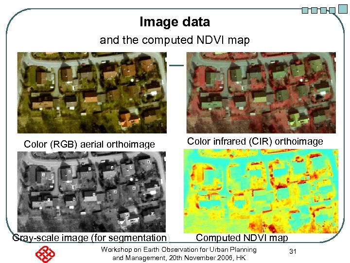 Image data and the computed NDVI map Color (RGB) aerial orthoimage Gray-scale image (for
