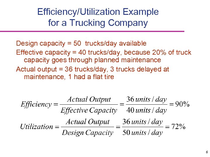 Efficiency/Utilization Example for a Trucking Company Design capacity = 50 trucks/day available Effective capacity
