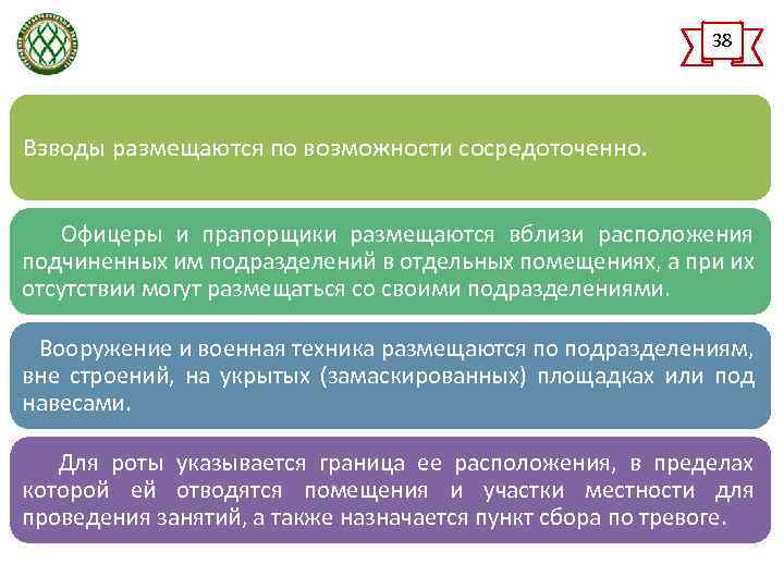 38 Взводы размещаются по возможности сосредоточенно. Офицеры и прапорщики размещаются вблизи расположения подчиненных им