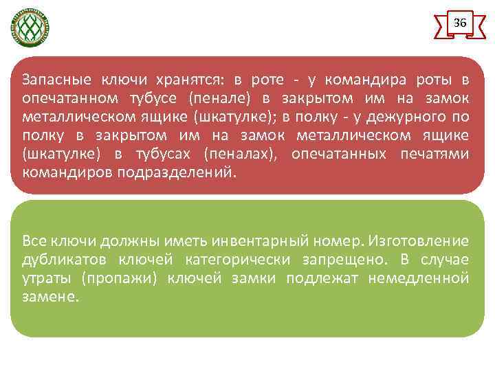 36 Запасные ключи хранятся: в роте - у командира роты в опечатанном тубусе (пенале)