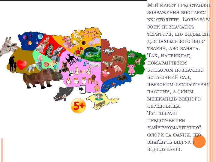 МІЙ МАКЕТ ПРЕДСТАВЛЯЄ ЗОБРАЖЕННЯ ЗООПАРКУ XXI СТОЛІТТЯ. КОЛЬОРОВІ ЗОНИ ПОЗНАЧАЮТЬ ТЕРИТОРІЇ, ЩО ВІДВЕДЕНІ ДЛЯ