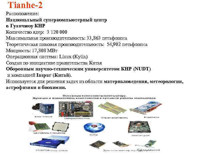 Tianhe-2 Расположение: Национальный суперкомпьютерный центр в Гуанчжоу КНР Количество ядер: 3 120 000