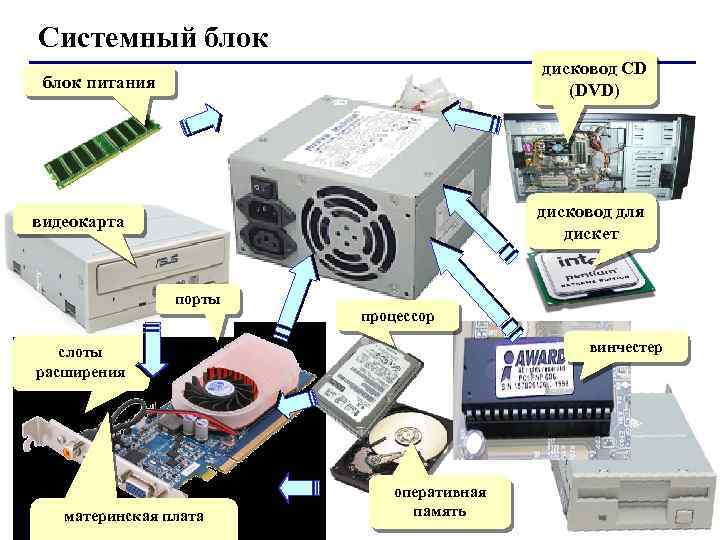 Системный блок дисковод СD (DVD) блок питания дисковод для дискет видеокарта порты процессор винчестер