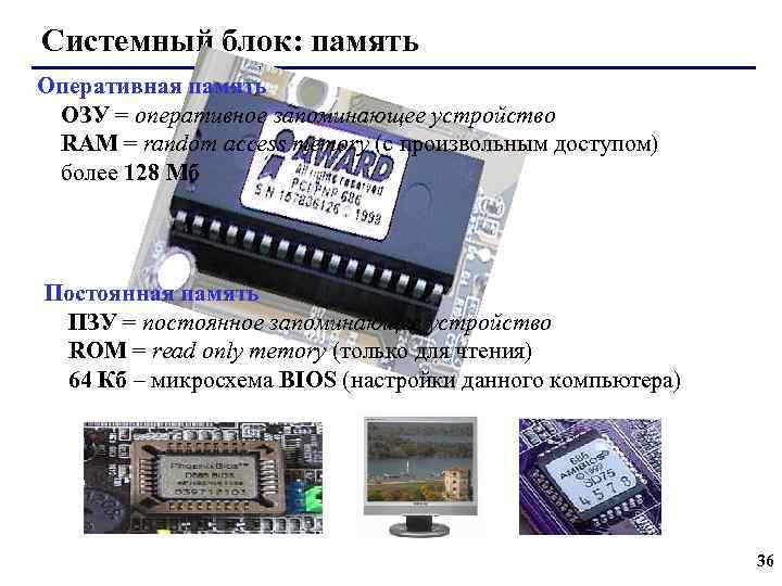 Системный блок: память Оперативная память ОЗУ = оперативное запоминающее устройство RAM = random access
