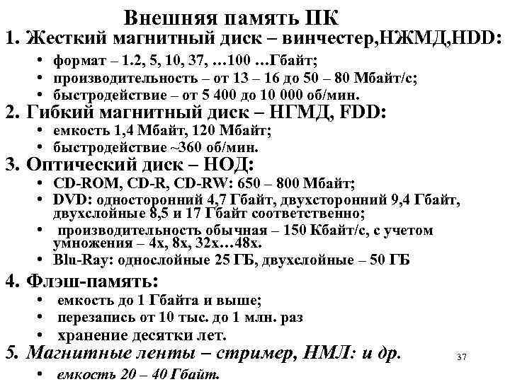 Внешняя память ПК 1. Жесткий магнитный диск – винчестер, НЖМД, HDD: • формат –