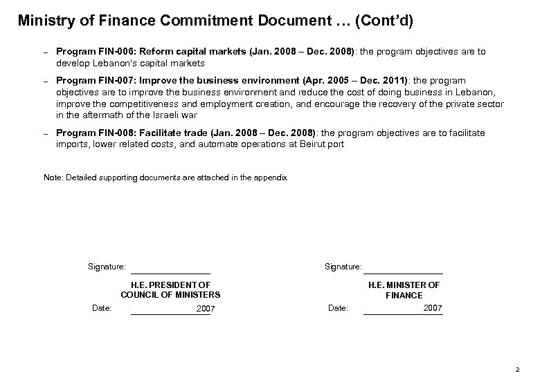 Ministry of Finance Commitment Document … (Cont’d) – Program FIN-006: Reform capital markets (Jan.