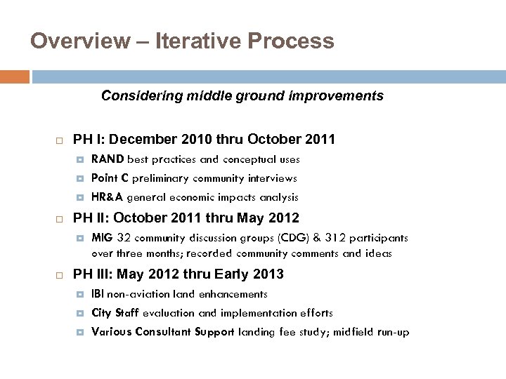 Overview – Iterative Process Considering middle ground improvements PH I: December 2010 thru October