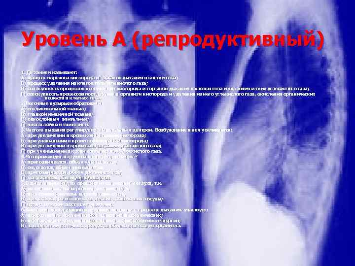Уровень А (репродуктивный) 1. Дыханием называют: А) процесс переноса кислорода из органов дыхания в