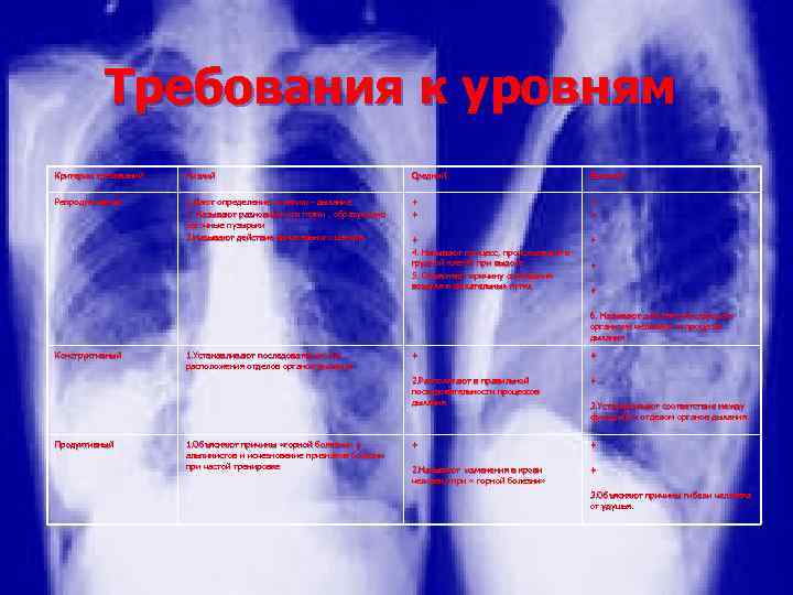Требования к уровням Критерии требований Низкий Средний Высокий Репродуктивный 1. Дают определение понятию -
