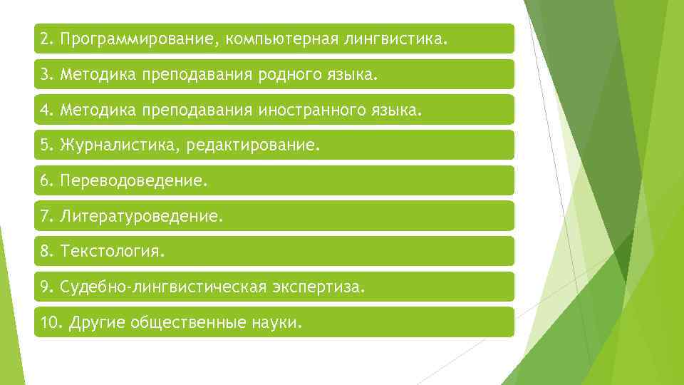 2. Программирование, компьютерная лингвистика. 3. Методика преподавания родного языка. 4. Методика преподавания иностранного языка.