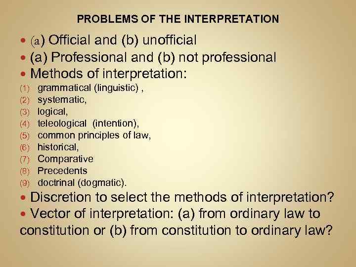 PROBLEMS OF THE INTERPRETATION (a) Official and (b) unofficial (a) Professional and (b) not