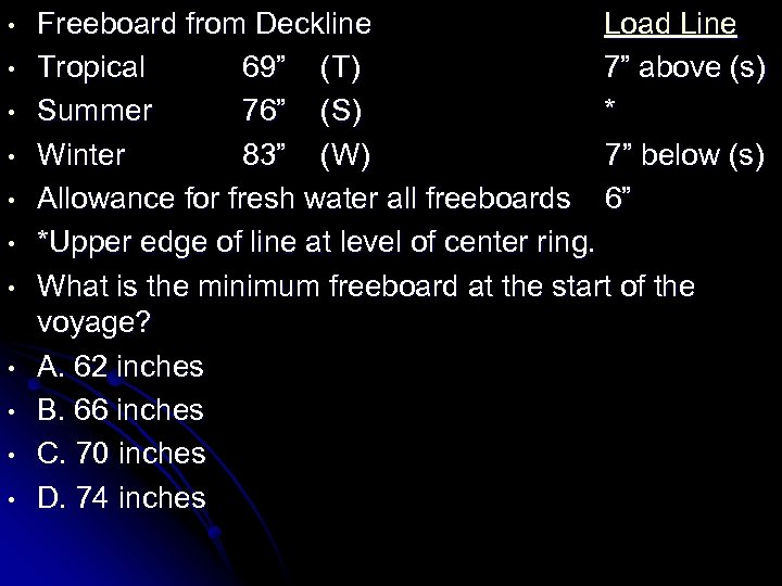  • • • Freeboard from Deckline Load Line Tropical 69” (T) 7” above