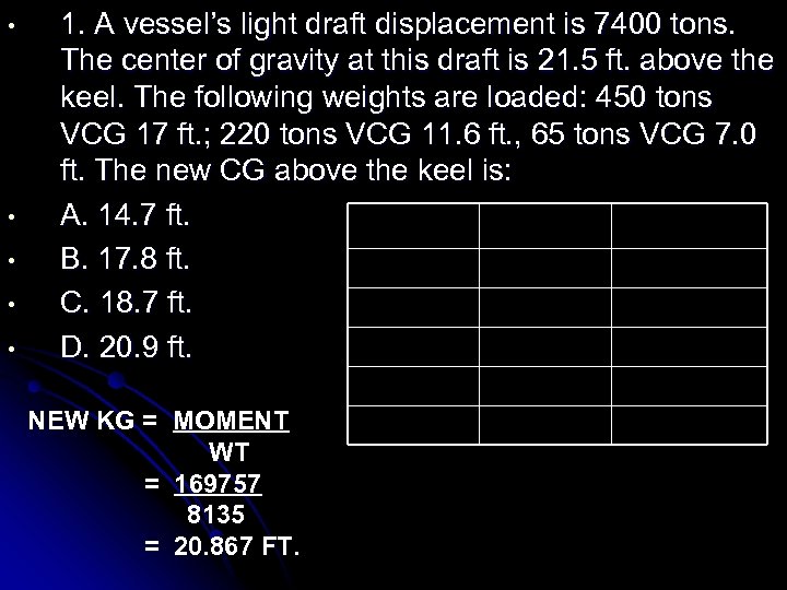  • • • 1. A vessel’s light draft displacement is 7400 tons. The