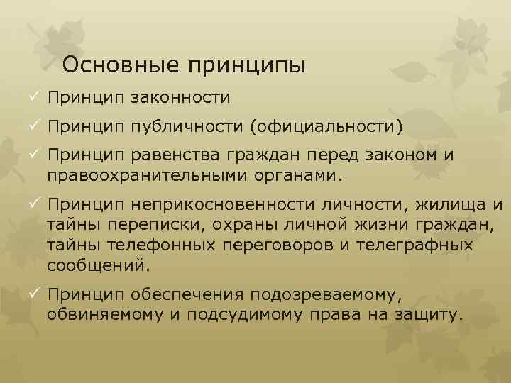 Основные принципы ü Принцип законности ü Принцип публичности (официальности) ü Принцип равенства граждан перед