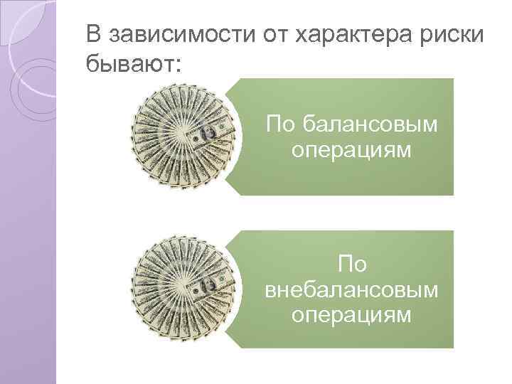 В зависимости от характера риски бывают: По балансовым операциям По внебалансовым операциям 