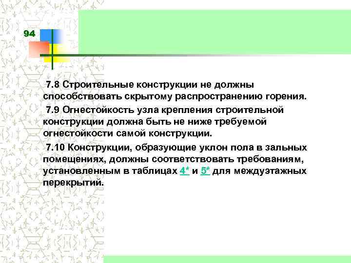 94 7. 8 Строительные конструкции не должны способствовать скрытому распространению горения. 7. 9 Огнестойкость