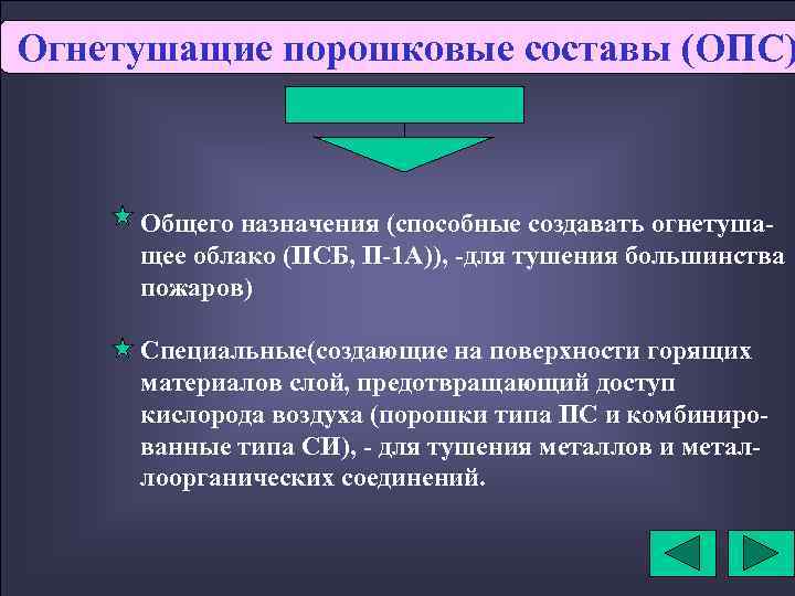 Огнетушащие порошковые составы (ОПС) Общего назначения (способные создавать огнетушащее облако (ПСБ, П-1 А)), -для