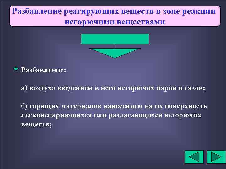 Разбавление реагирующих веществ в зоне реакции негорючими веществами Разбавление: а) воздуха введением в негорючих