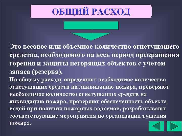 ОБЩИЙ РАСХОД Это весовое или объемное количество огнетушащего средства, необходимого на весь период прекращения