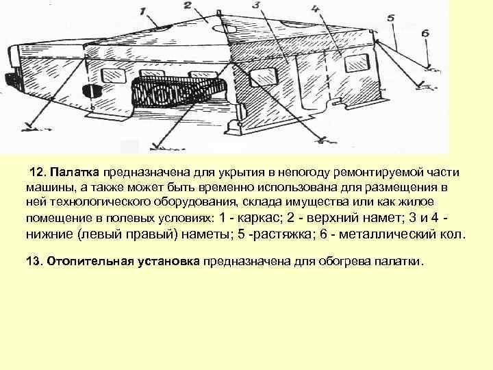 12. Палатка предназначена для укрытия в непогоду ремонтируемой части машины, а также может быть