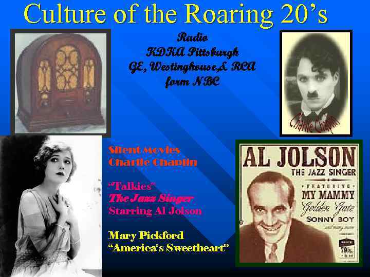 Culture of the Roaring 20’s Radio KDKA Pittsburgh GE, Westinghouse, & RCA form NBC