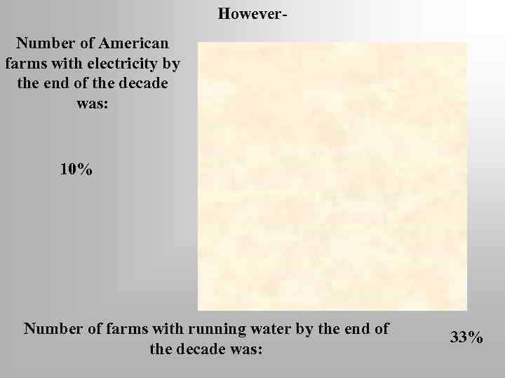 However. Number of American farms with electricity by the end of the decade was: