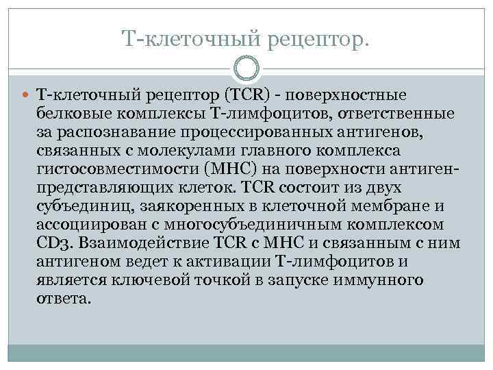 Т-клеточный рецептор. Т-клеточный рецептор (TCR) - поверхностные белковые комплексы Т-лимфоцитов, ответственные за распознавание процессированных