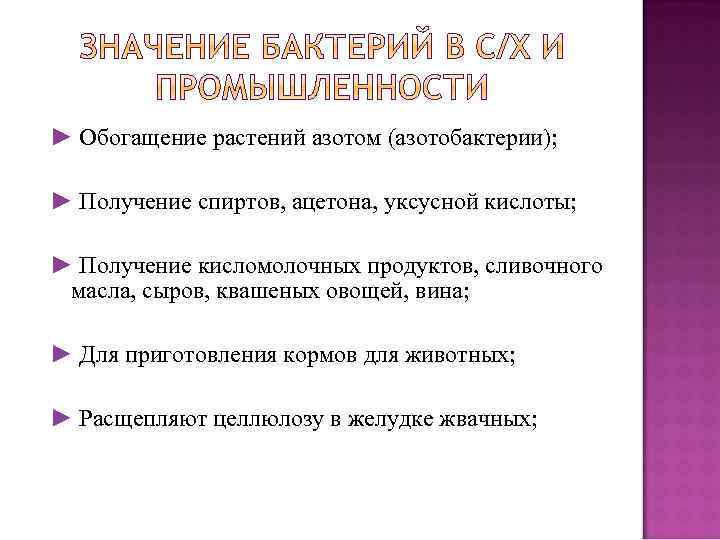 ► Обогащение растений азотом (азотобактерии); ► Получение спиртов, ацетона, уксусной кислоты; ► Получение кисломолочных