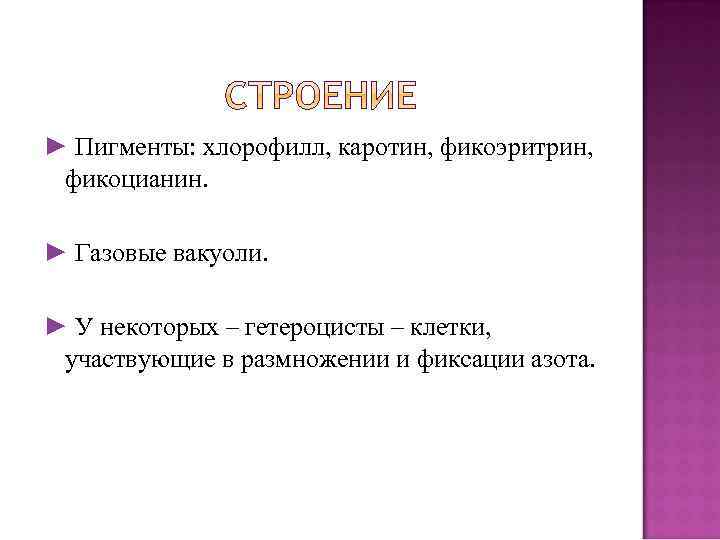 ► Пигменты: хлорофилл, каротин, фикоэритрин, фикоцианин. ► Газовые вакуоли. ► У некоторых – гетероцисты