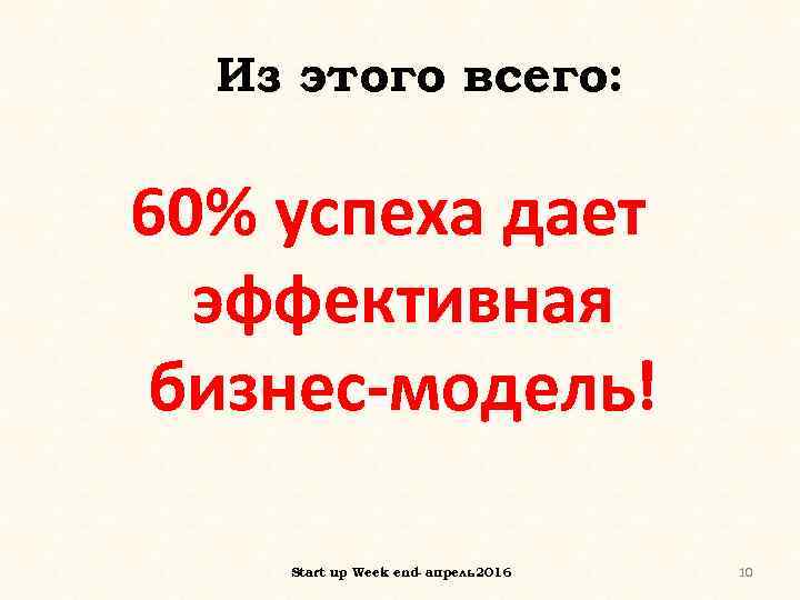 Из этого всего: 60% успеха дает эффективная бизнес-модель! Start up Week end- апрель 2016