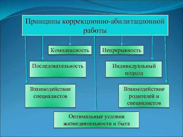 Принципы коррекционно-абилитационной работы Комплексность Последовательность Взаимодействие специалистов Непрерывность Индивидуальный подход Взаимодействие родителей и специалистов
