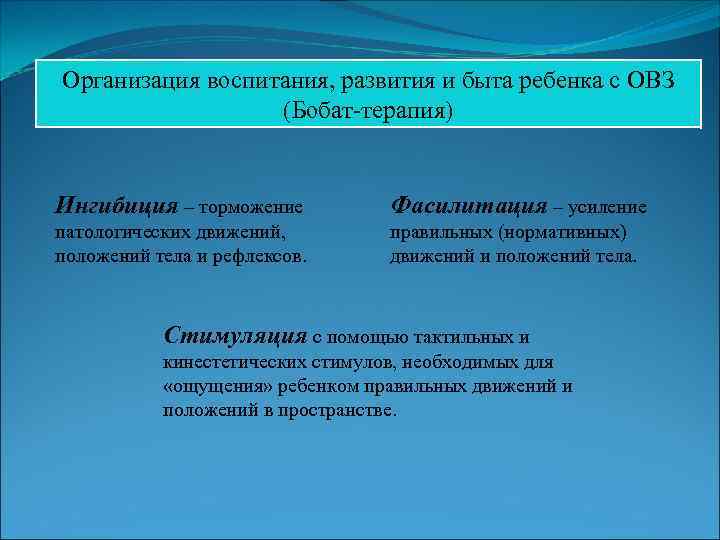 Организация воспитания, развития и быта ребенка с ОВЗ (Бобат-терапия) Ингибиция – торможение Фасилитация –