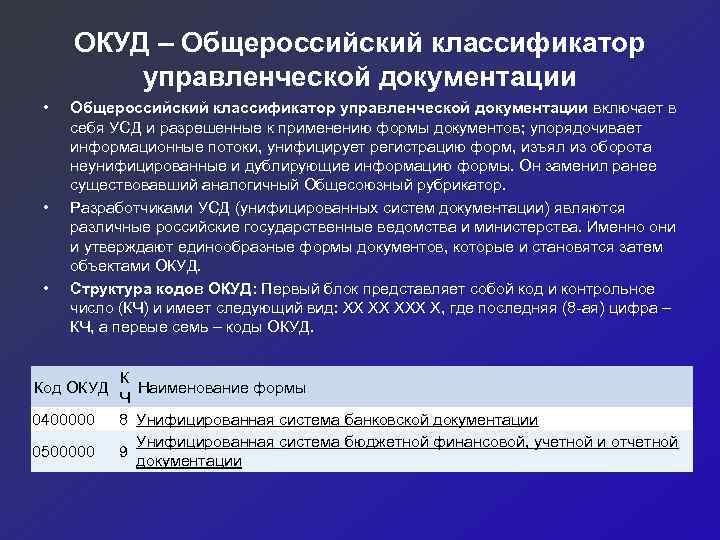 ОКУД – Общероссийский классификатор управленческой документации • • • Общероссийский классификатор управленческой документации включает