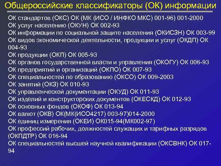 Общероссийские классификаторы (ОК) информации ОК стандартов (ОКС) ОК (МК (ИСО / ИНФКО МКС) 001