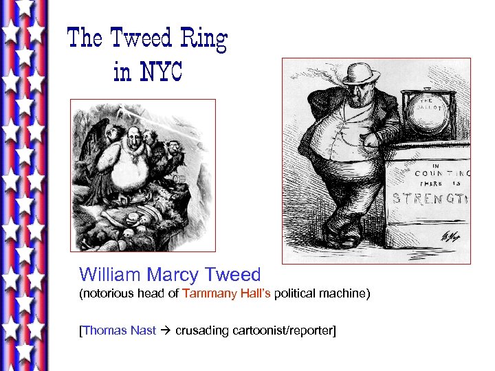 The Tweed Ring in NYC William Marcy Tweed (notorious head of Tammany Hall’s political