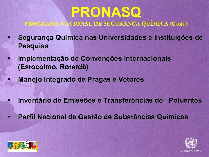 PRONASQ PROGRAMA NACIONAL DE SEGURANÇA QUÍMICA (Cont. ) • Segurança Química nas Universidades e