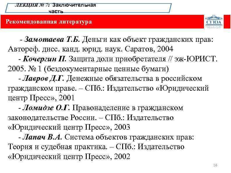 ЛЕКЦИЯ № 7: Заключительная часть Рекомендованная литература. - Замотаева Т. Б. Деньги как объект