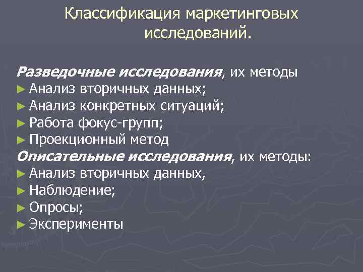 Классификация маркетинговых исследований. Разведочные исследования, их методы ► Анализ вторичных данных; ► Анализ конкретных